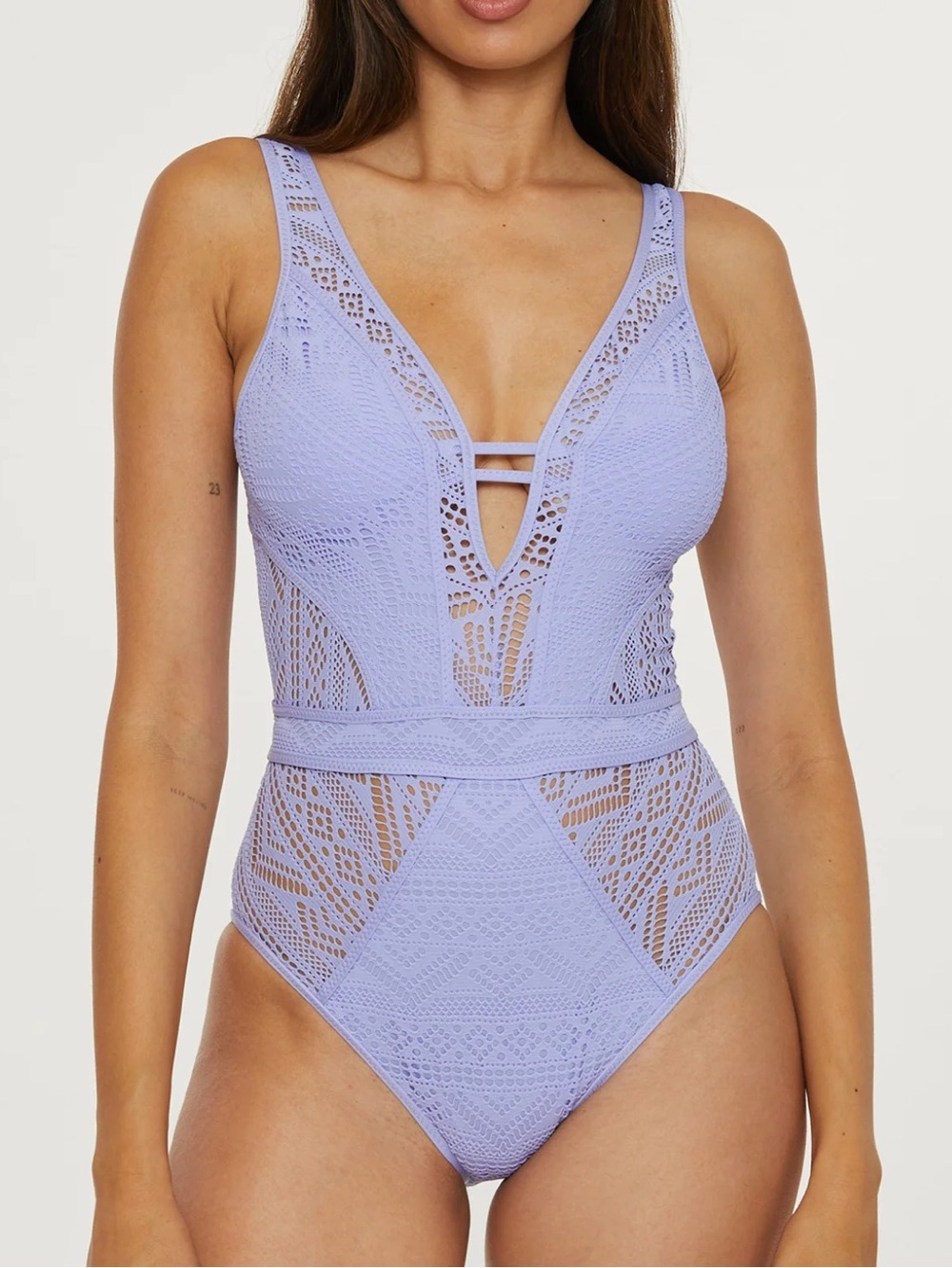 BECCA Lavender Crochet Lace Cutout One-Piece Swimsuit - Size Medium